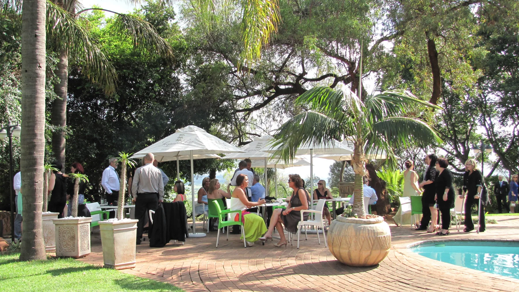 Gathering in the outdoor lodge setting