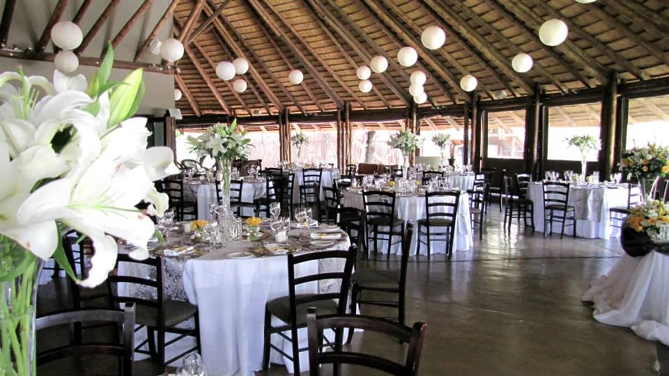 Tables set inside the lodge